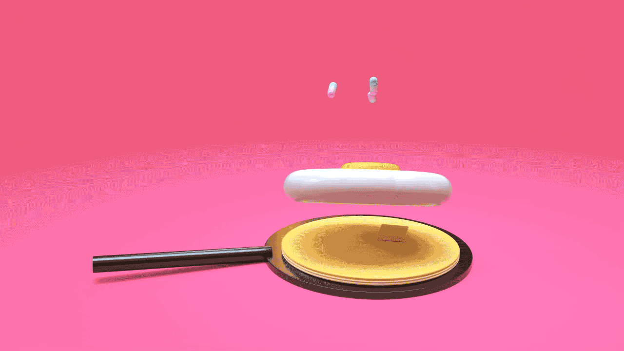 Animation 3D d'une poêle avec des crêpes et des œufs qui sautent